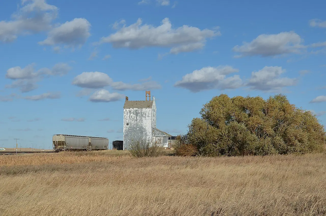 Grain elevator and hopper car on the prairie, 2011