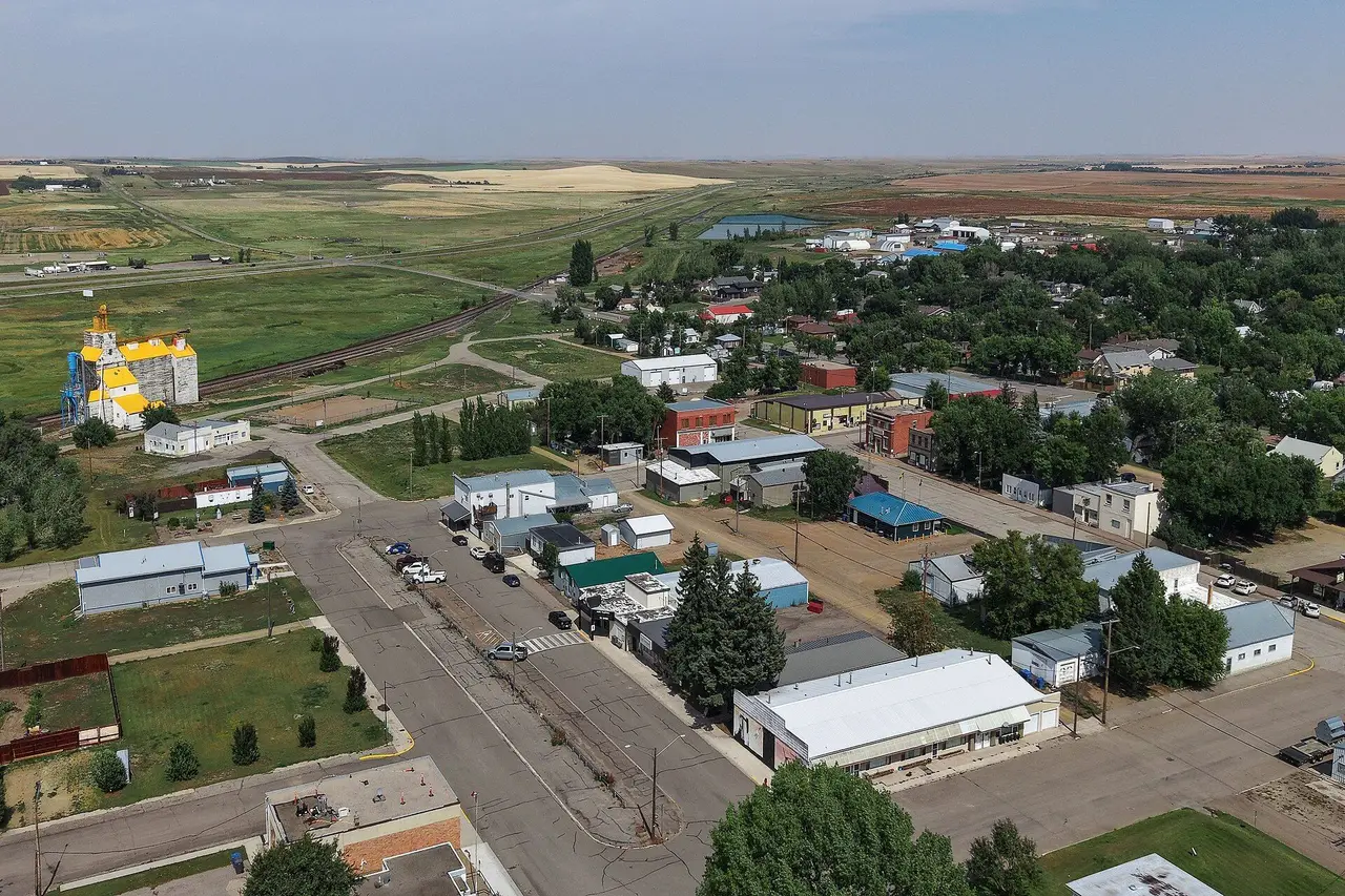 Aerial view of the town and grain elevator, 2026