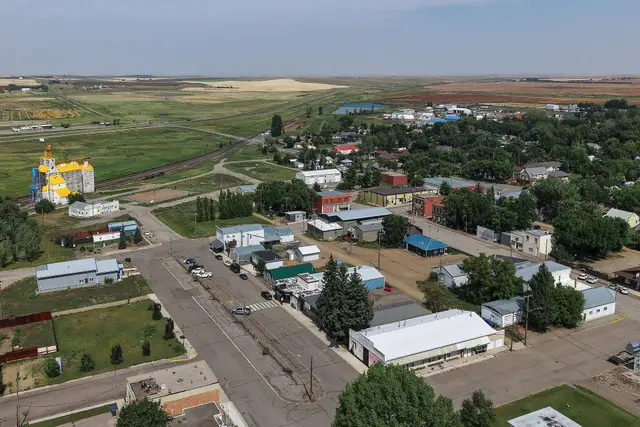Aerial view of the town and grain elevator